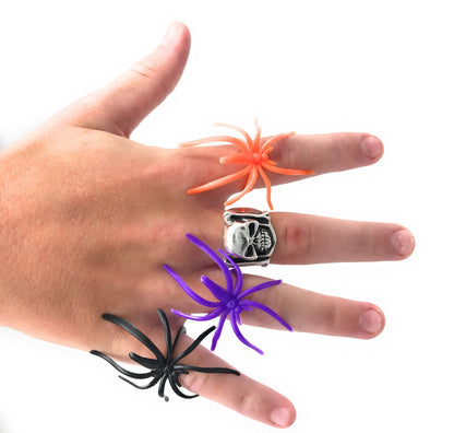 Funiverse 288 Bulk Halloween Spider Ring Assortment - Orange, Purple, Black, and Glow-in-the-Dark Creepy Crawly Party Favors, Treats, and Cupcake Toppers