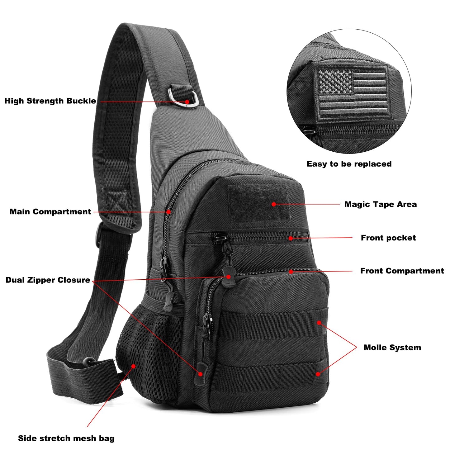 Laoyemen Tactical Sling Bag with Flag Patch - Military Backpack for Hiking, Hunting, Fishing - Crossbody Bags for Men