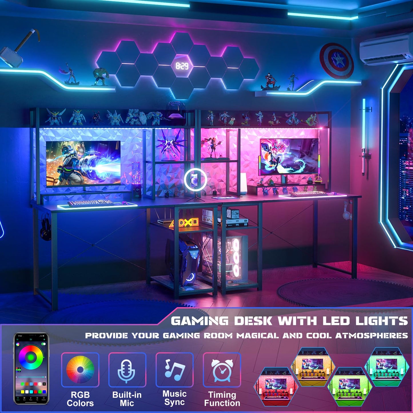 Cyclysio Gaming Desk with Hutch, 39'' Computer Desk with LED Lights & Power Outlets, Home Office Desk with Reversible 5 Tiers Storage Shelves & Monitor Stand, Small Gaming Table for Small Space, Black