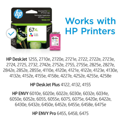 HP 67XL Tri-color High-yield Ink Cartridge for HP Printers | Works with Printer Series: DeskJet 1255, 2700, 4100; ENVY 6000, 6400 | Eligible for Instant Ink | 3YM58AN