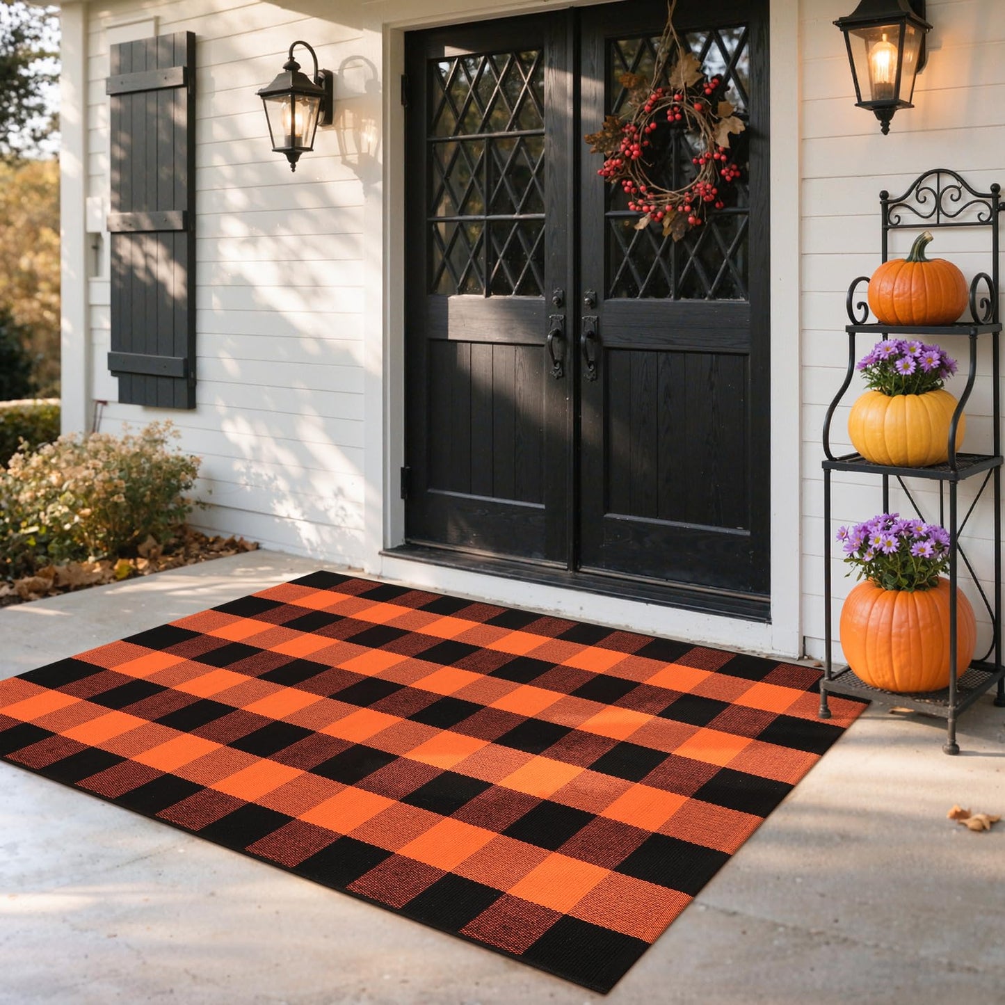 LEEVAN Halloween Buffalo Plaid Outdoor Rug 3x5, Washable Checkered Orange and Black Front Porch Rugs, Thanksgiving Cotton Woven Door Layered Mat for Farmhouse Entryway/Patio/Kitchen