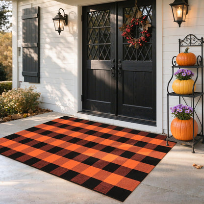 LEEVAN Halloween Buffalo Plaid Outdoor Rug 3x5, Washable Checkered Orange and Black Front Porch Rugs, Thanksgiving Cotton Woven Door Layered Mat for Farmhouse Entryway/Patio/Kitchen