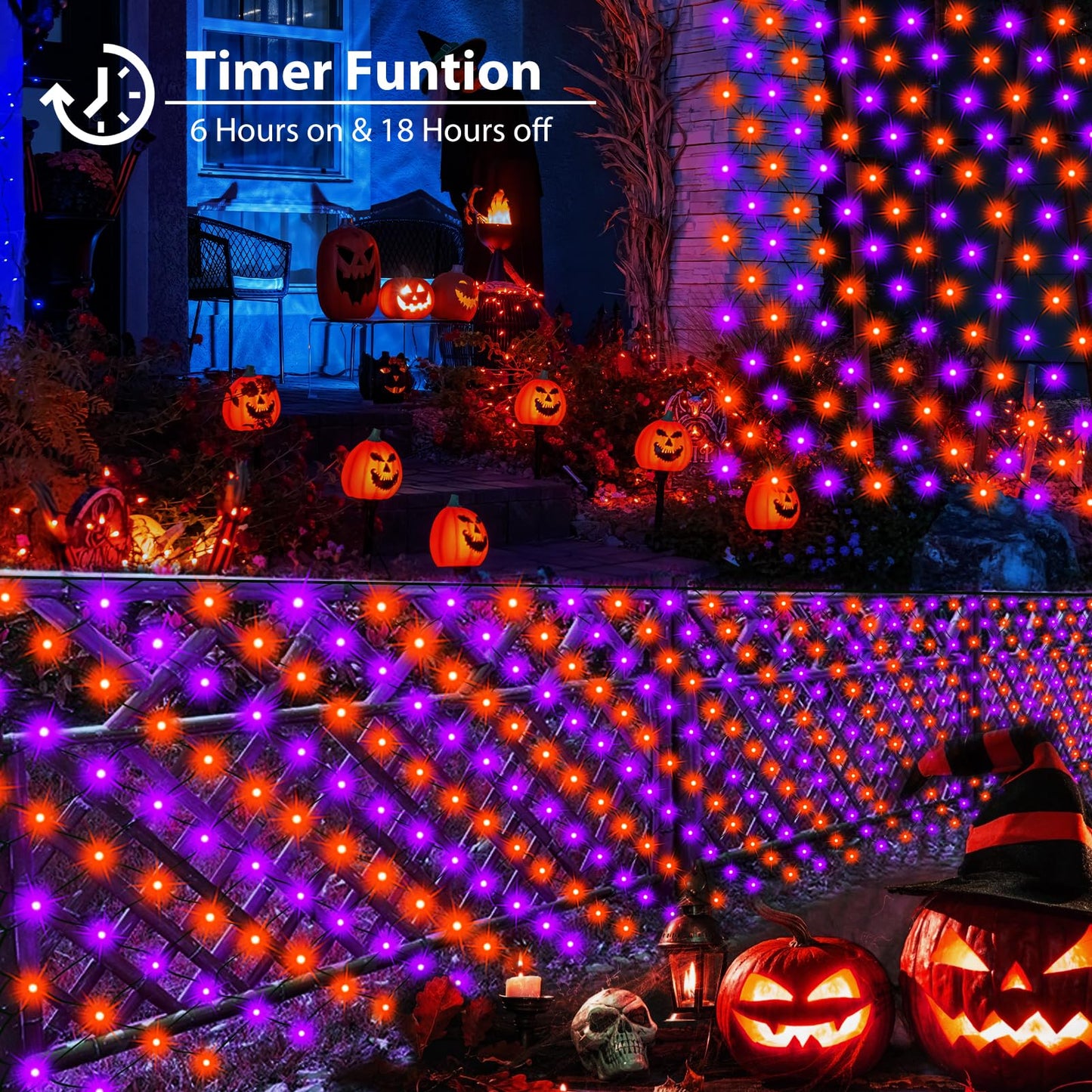 echosari Halloween Net Lights Battery Operated, 5ft ×5ft 100 LED Net Lights with Remote Timer Dimmable Garden Mesh Lighting for Bush Fence Wall Party Decor (Purple Orange)