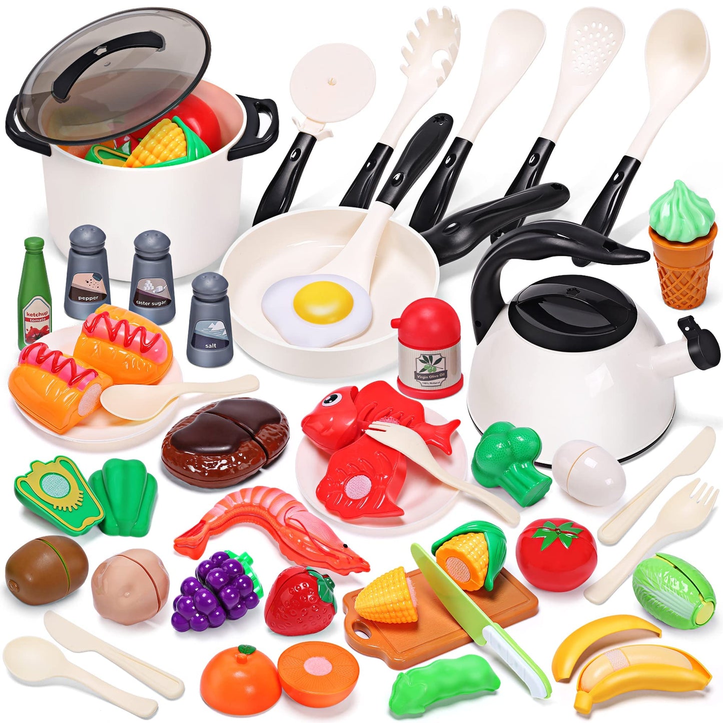 CUTE STONE Play Kitchen Accessories Toy, Play Food Sets for Kids Kitchen, Pretend Kitchen Set for Kids with Play Pots, Pans, Toddler Kitchen Playset Kitchen Toys for Girls Boys