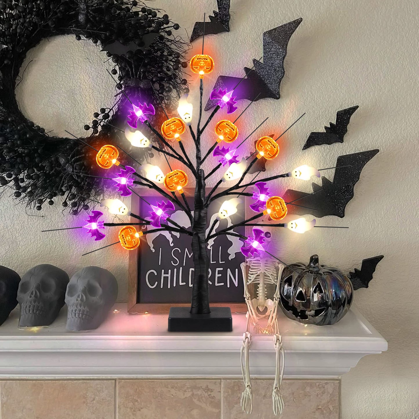 18 Inch Black Halloween Tree Light with 24 LED Pumpkin Bat Ghost Lights, Timer/USB/Battery Operated Halloween Lights Halloween Decorations Indoor Outdoor for Home Table Mantle Halloween Party Decor