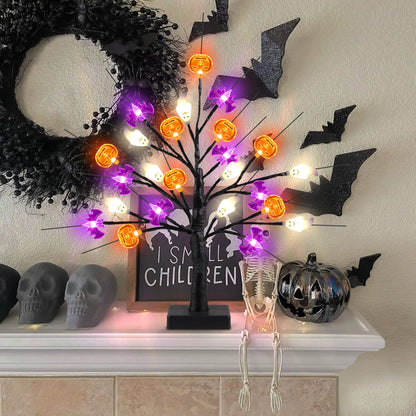18 Inch Black Halloween Tree Light with 24 LED Pumpkin Bat Ghost Lights, Timer/USB/Battery Operated Halloween Lights Halloween Decorations Indoor Outdoor for Home Table Mantle Halloween Party Decor