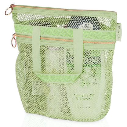 DV Lifestyle Mesh Shower Bag 10.2x9.9'' Quick-Dry Caddy with Zipper & 2 Pockets. Portable Toiletry Tote for Bathroom, Gym, Travel, Camp, Beach, for Sunscreen, Dorm & College Essentials (Light Green)