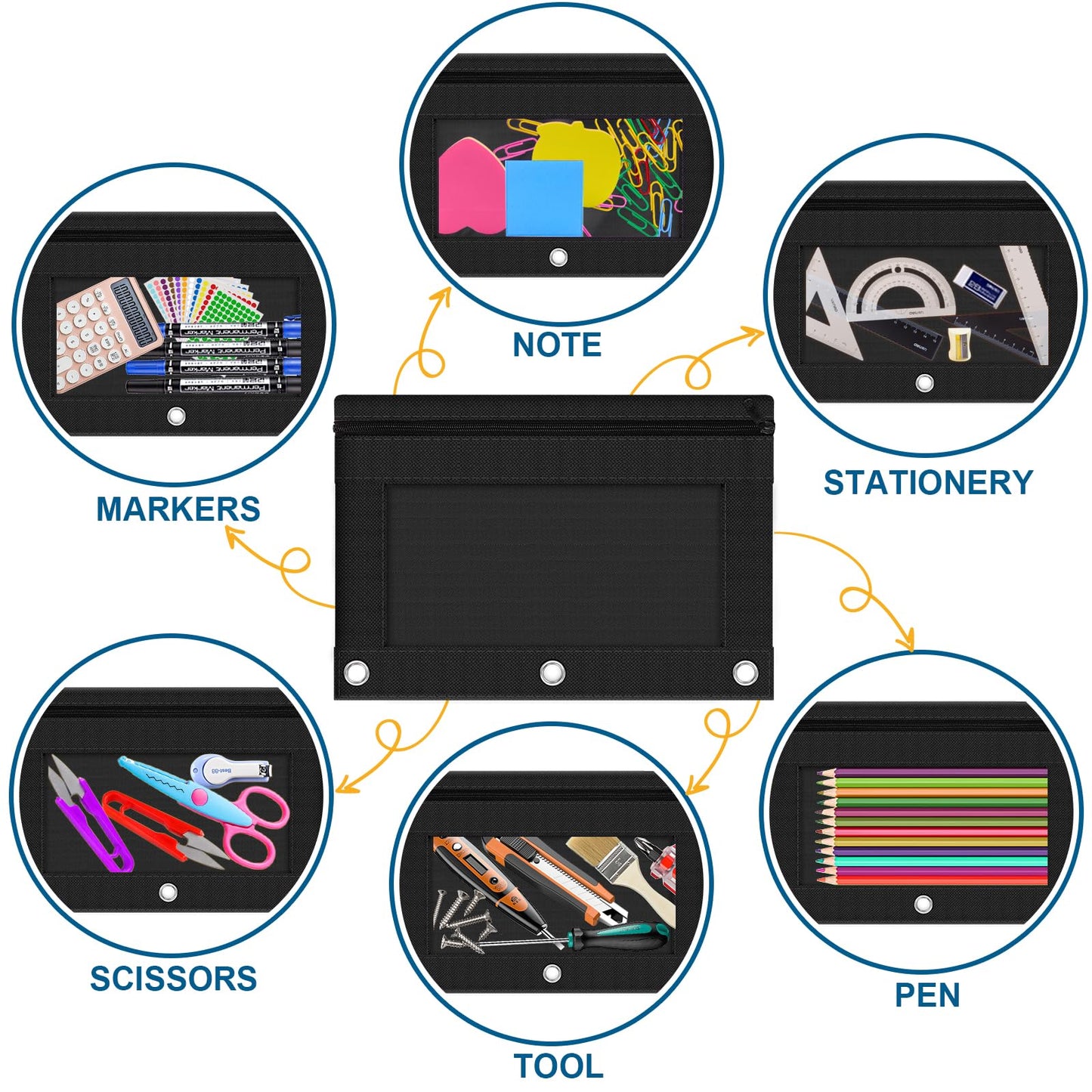 3-Ring Pencil Pouch, 2 Pack Black Bulk Pencil Case, Pencil Bags with Zipper for Office Supplies Cosmetics, with Zipper & Reinforced Grommets Fabric Large Pencil Case for 3 Hole Binder