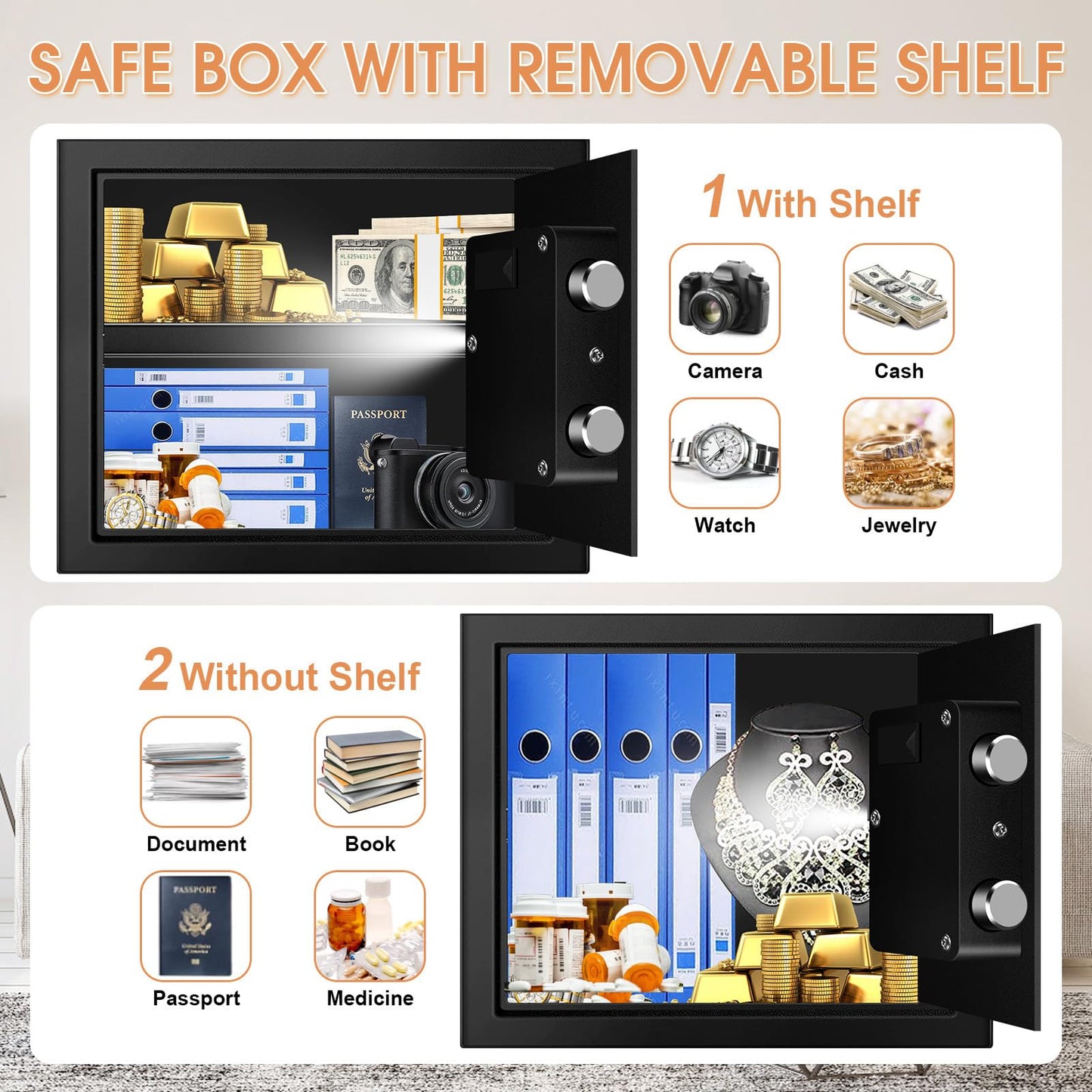 1.2 Cubic Feet Small Fire Safe Box for Home, Fireproof Lock Box, Security Money Safe with Digital Keypad, Spare Keys and Removable Shelf, Personal Home Safes for Money, Jewelry, ID Documents