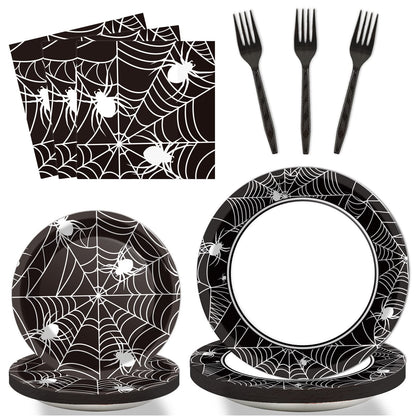 96 Pcs Halloween Party Paper Plates Napkins Supplies Set Spider Web Disposable Tableware Decorations Get Together Celebration Halloween Birthday Party Favors for 24 Guests