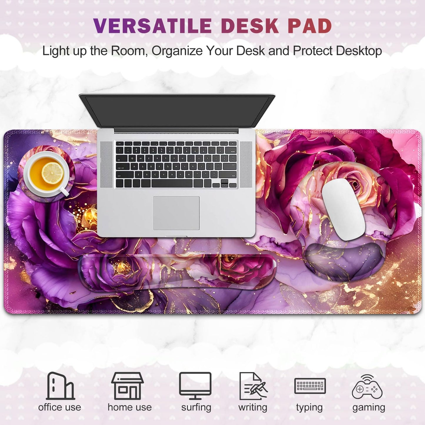 Gaming Mouse Pad, Large Desk Mat, Cute Desk Pad Protector, 4in1 XXL Mousepad + Keyboard Wrist Rest+Mouse Wrist Rest+Coaster Set with Ergonomic Desk Pad for Home Office PC, Marble Rose Purple Flowers