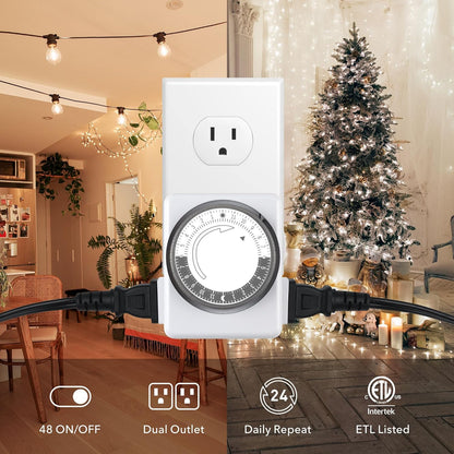 HBN Outlet Timer for Electrical Outlets Indoor, 24 Hour Mechanical Light Timers for Lamps, Dual 2-Prong Plug-in Outlets, 15-Minute Intervals, Heavy Duty Daily Cycle, 2 Pack