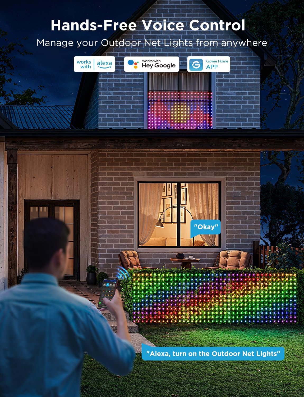 Govee Outdoor Net Lights, 2.8 × 9.4ft with RGBIC and DIY Functions, 480 LEDs Smart Net Lights with 64 Modes for Bush Patio Decor, IP65 Waterproof, Compatible with Alexa & Google Assistant, Green Wire