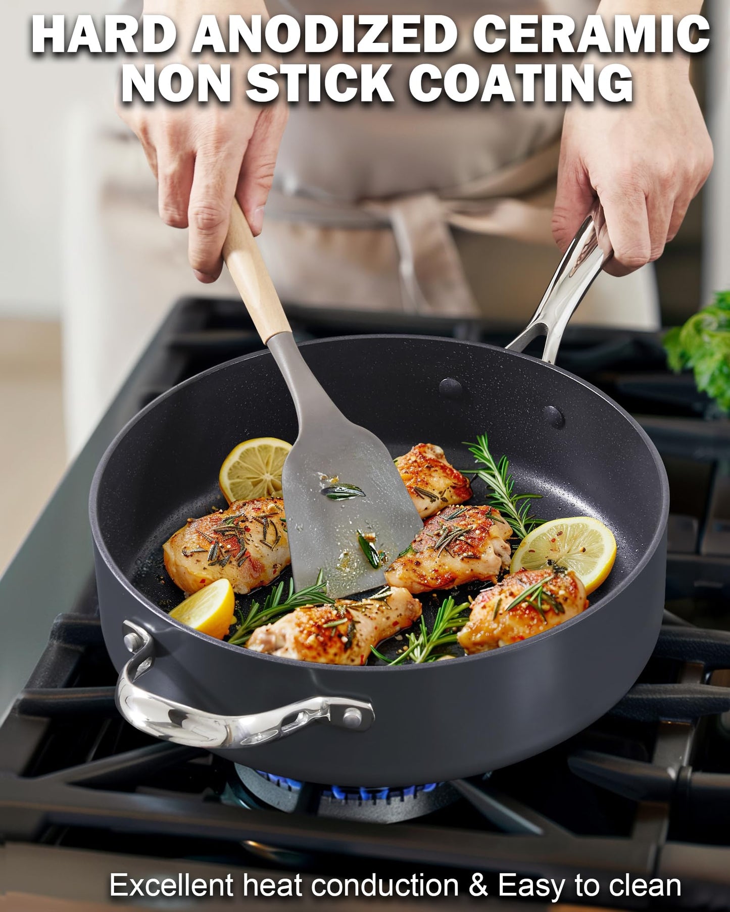 Cooks Standard 4-QT Nonstick Deep Sauté Pan with Lid, 10.5-inch Deep Frying Pan Hard Anodized Ceramic Nonstick Induction Cookware, Oven Safe Large Skillet Jumbo Cooker Sartén, Helper Handle, Black