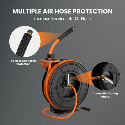 Giraffe Tools TA15 Retractable Air Hose Reel Swivel 3/8" x 50 ft Hybrid Hose, Max 300 PSI, Ceiling/Wall Mounted Heavy Duty Industrial Commercial Air Compressor Hose Reel, 50ft, Tangelo