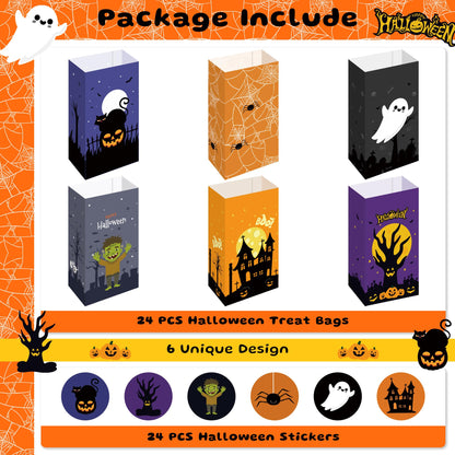 Halloween Treat Bags - 24 PCS Halloween Party Favors,Halloween Goodie Bags with Stickers for Kids | Candy Bags - Trick or Treat Bags,Mini Paper Gift Basket- HALLOWEEN Decorations Party Supplies
