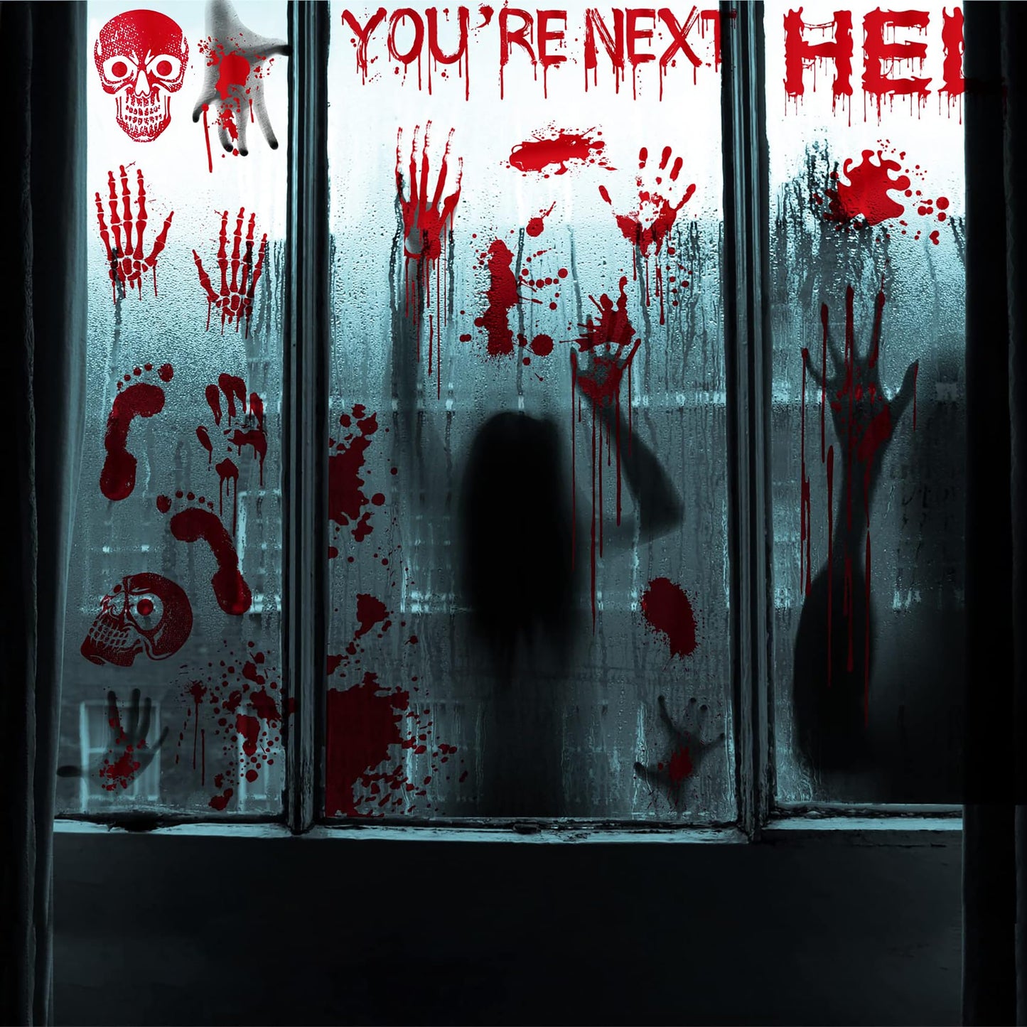 Funnlot Halloween Window Clings - Large Spooky Halloween Window Decorations Decals Stickers Scary Bloody Handprint Skullprint Footprint for Windows Floor Glass Bathroom Indoor Outdoor Party Decoration