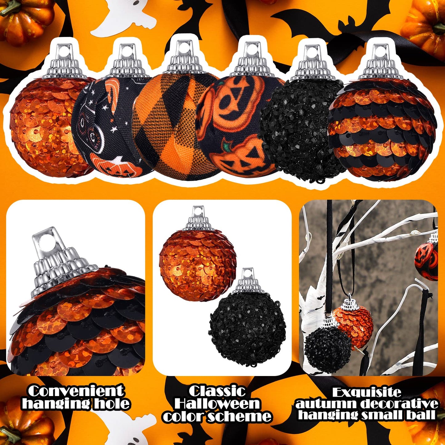 Lenwen 24 Pcs Halloween Tree Ball Ornaments 1.18 Inch Halloween Tree Decorations Glitter Black Orange Sequin Balls for Christmas Party Decor