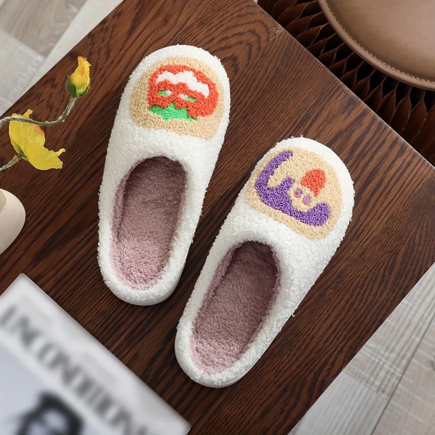 Halloween Slippers Womens Mens Retro Cozy Fluffy Plush Embroidered printing Warm Memory Foam Plush Warm Spooky Lantern Slippers Closed Toe House Bedroom Shoes Cookie Pumpkin39-40