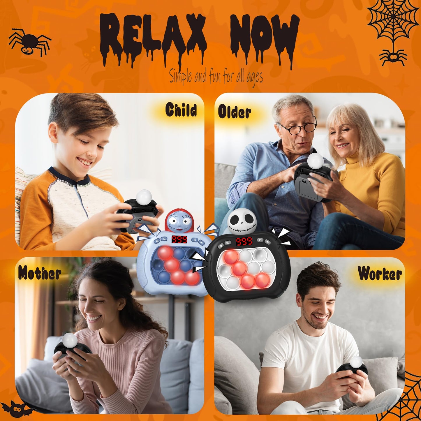 2pcs Halloween Pop Push Game Light Up Fidget Toy,Halloween Toys for Boys Grils Teens Age 3-12,Pop Bubble Sensory Toys,Halloween Party Favors Halloween Trick or Treat Gifts (Black-Blue)