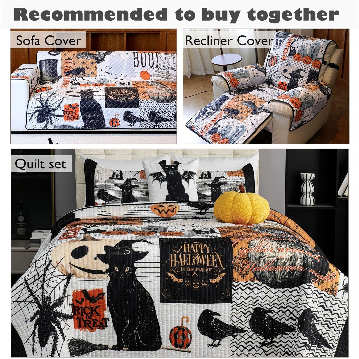 Cmfshape Halloween Skidproof Sofa Cover-Festival Sofa Slipcover with Elastic Straps-Easy Fit Slip Cover-Patchwork Washable Furniture Protector for Pets and Kids(Sofa,Black&Orange)