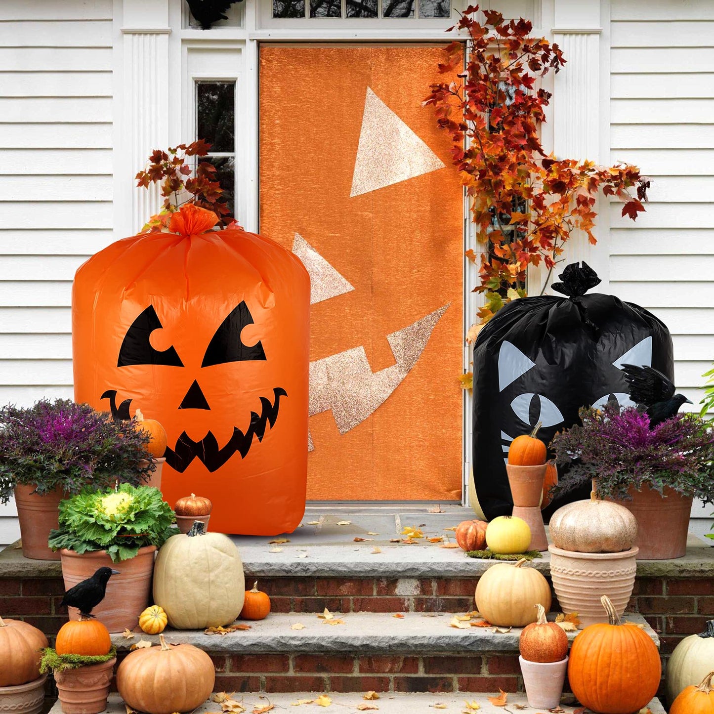 Giiffu 9-Pack Halloween Leaf Bags with Twist Ties – Heavy Duty Pumpkin Yard Waste Bags for Lawn, Garden, Porch, Indoor & Outdoor Halloween Decorations