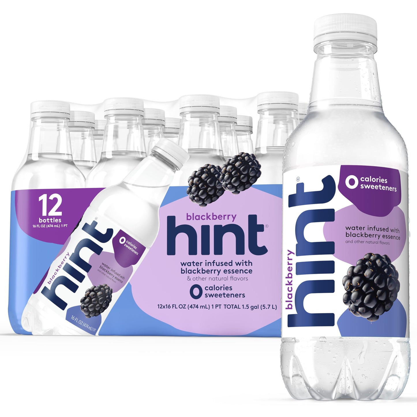 Hint Water Blackberry, Pure Water Infused with Blackberry, Zero Sugar, Zero Calories, Zero Sweeteners, Zero Preservatives, Zero Artificial Flavors, 16 Fl Oz (Pack of 12)