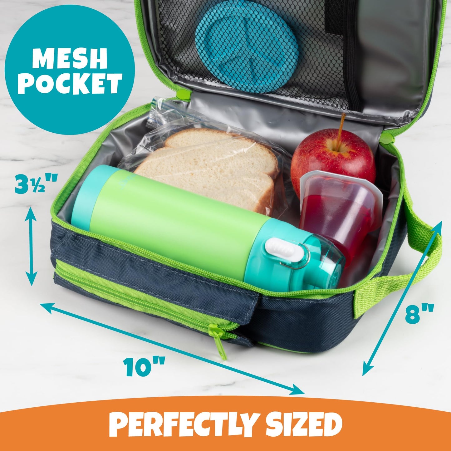 Insulated Lunch Box w Snack Pocket & Water Bottle Holder-Girls or Kids School Lunchbox Tote Keeps Food Hotter or Colder Longer-Reusable Bag Fits Most Bento Boxes Ice Packs Nesting Container-Blue Green