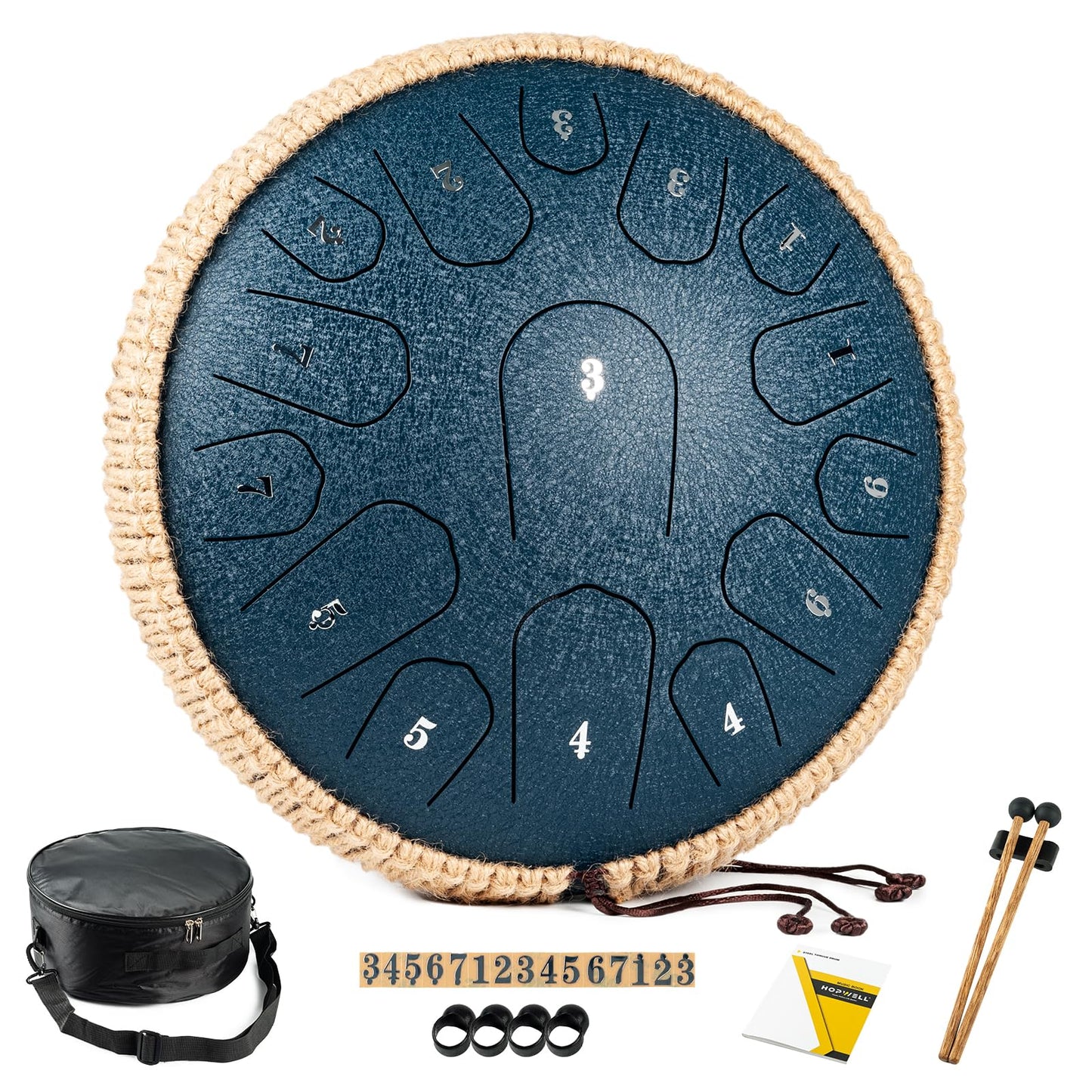 HOPWELL Steel Tongue Drum - 13 Inches 15 Notes Tongue Drum - Hand Pan Drum with Music Book, Handpan Drums Mallets and Carry Bag, D Major (Navy Blue)