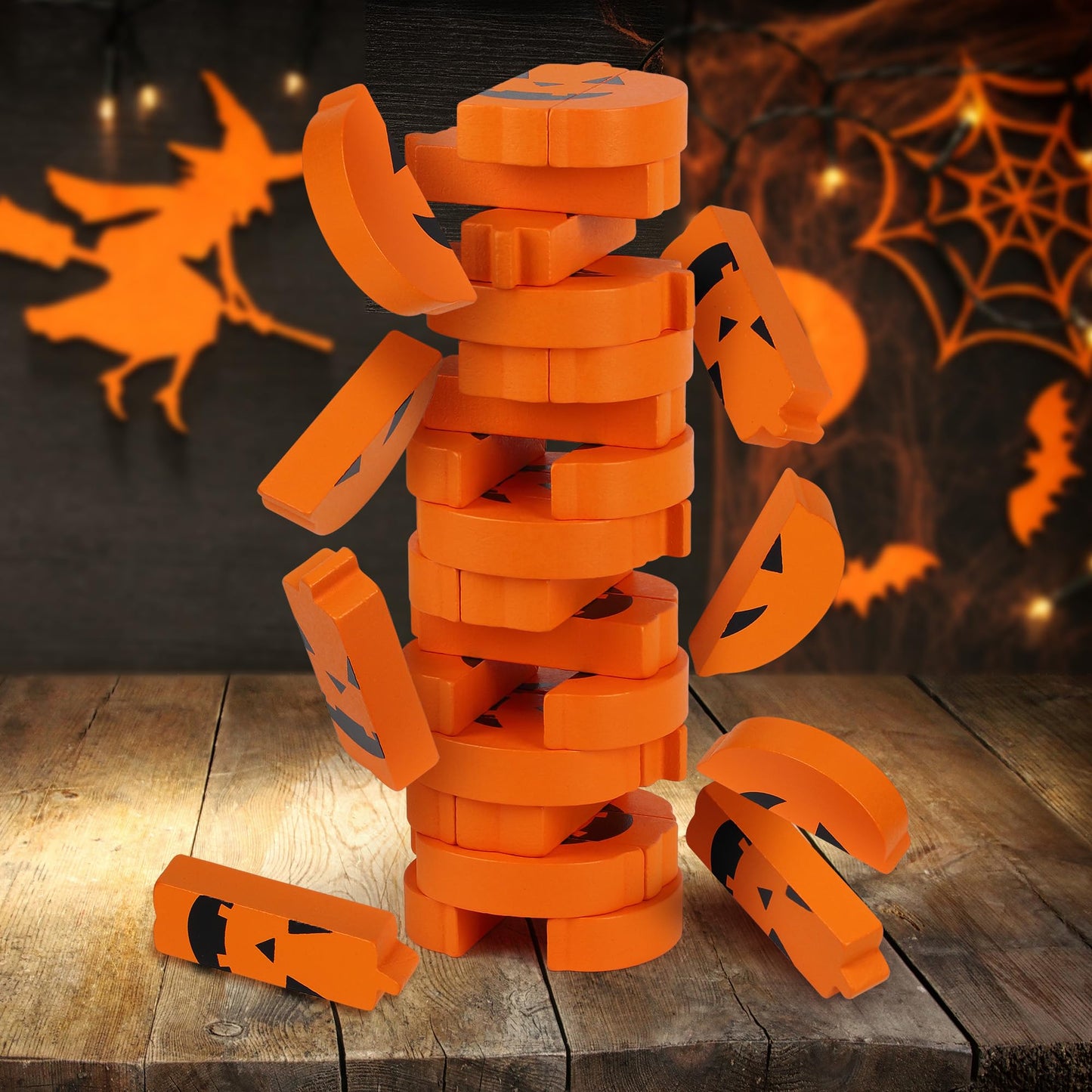 Funwares Wooden Blocks Stacking Game, Tumbling Tower and Balance Game, Family & Party Fun, Game for Kids and Adults, Ages 6+, Stack 'O Lantern, The Fall Pumpkin-Themed Wood Blocks Stacking Game