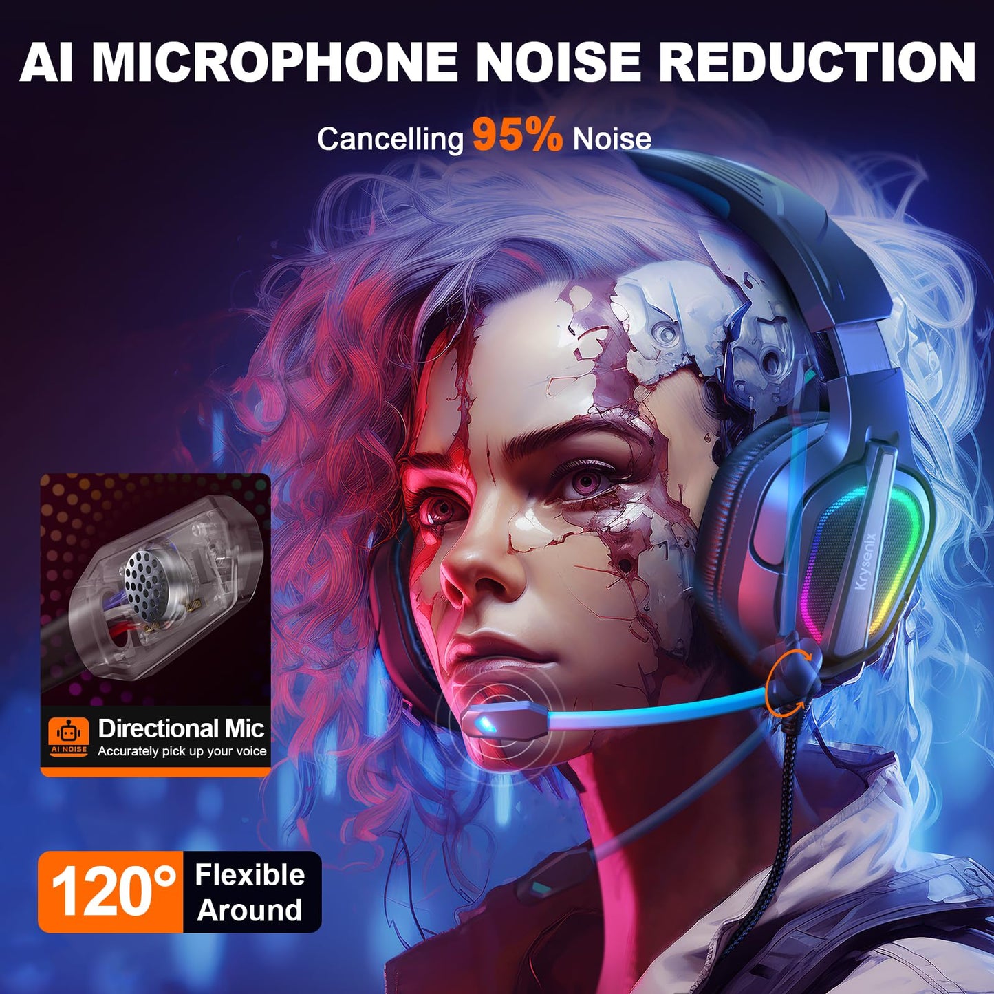 Krysenix Gaming Headset for PS4, PS5, PC, Mac, Xbox Series X, Noise Canceling Headphones with Microphone, PG2 Computer Headset with 3.5mm Jack & RGB Light Black/Blue