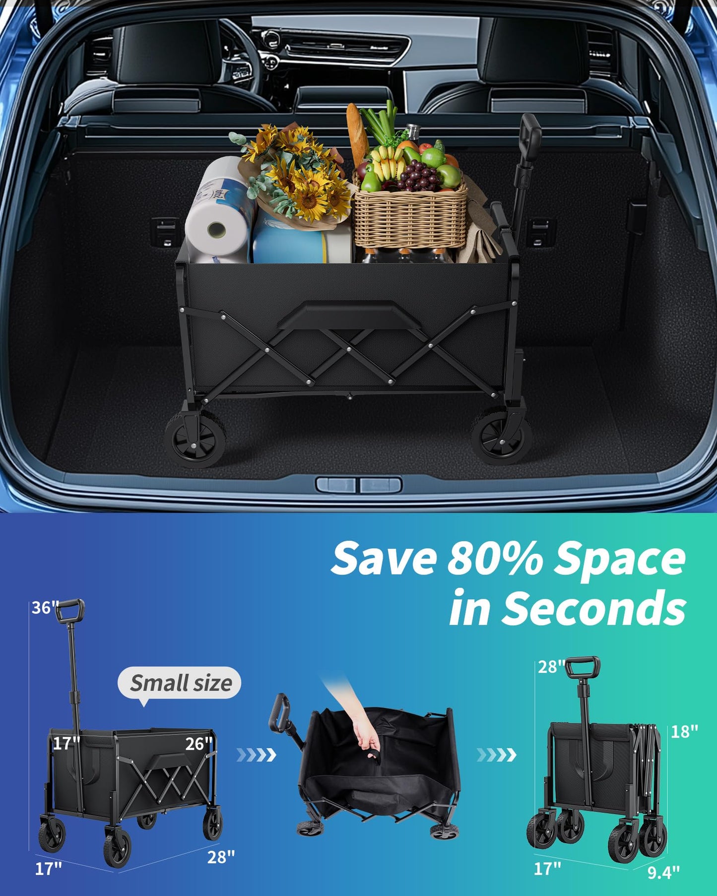 Ksend Small Collapsible Wagon with Wheels, Foldable Carts with 200lbs Load Capacity, Dog Wagon, Utility Shopping Cart for Groceries, Sports, Camping, Garden, Fishing, Black