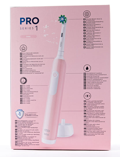 Oral-B Pro Series 1 Electric Toothbrush, Double Pack, 2 Replacement Brushes, 3 Cleaning Modes and Pressure Sensor for Dental Care, Designed by Braun, Pink/Black