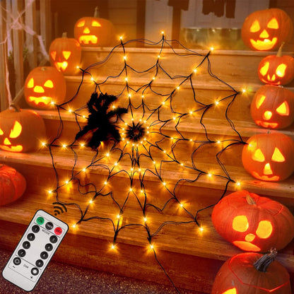 Halloween Decorations Spider Web Lights - 4FT Diameter 70 LEDs with Black Spider, Waterproof Net Lights, Remote Control, 8 Modes Cobweb Halloween Decorations for House Garden Indoor Outdoor (Orange)