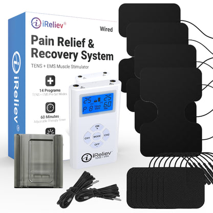 iReliev TENS + EMS Combination Unit Muscle Stimulator for Pain Relief, Arthritis, Muscle Strength - Treats Tired, Sore Muscles in Your Shoulders, Back, Ab's, Legs, Knee's, More