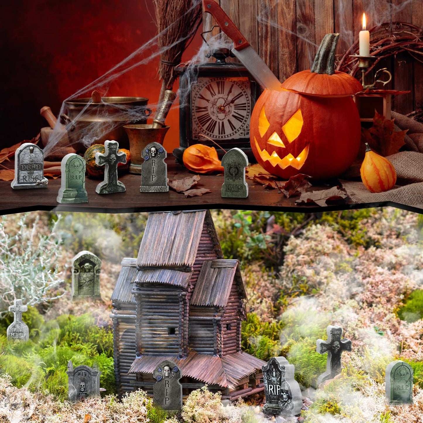 Kathfly 9 Pieces Halloween Miniature Tombstones Mini Village Tombstones Halloween Figurines Miniature Spooky Town for DIY Crafts Outdoor Home Garden Decor