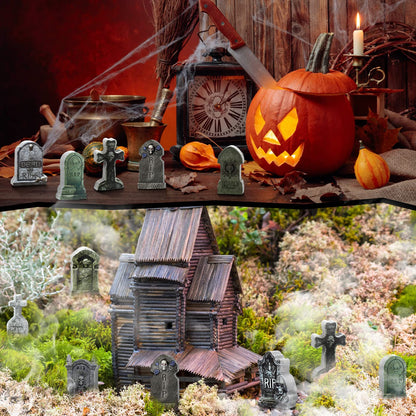 Kathfly 9 Pieces Halloween Miniature Tombstones Mini Village Tombstones Halloween Figurines Miniature Spooky Town for DIY Crafts Outdoor Home Garden Decor