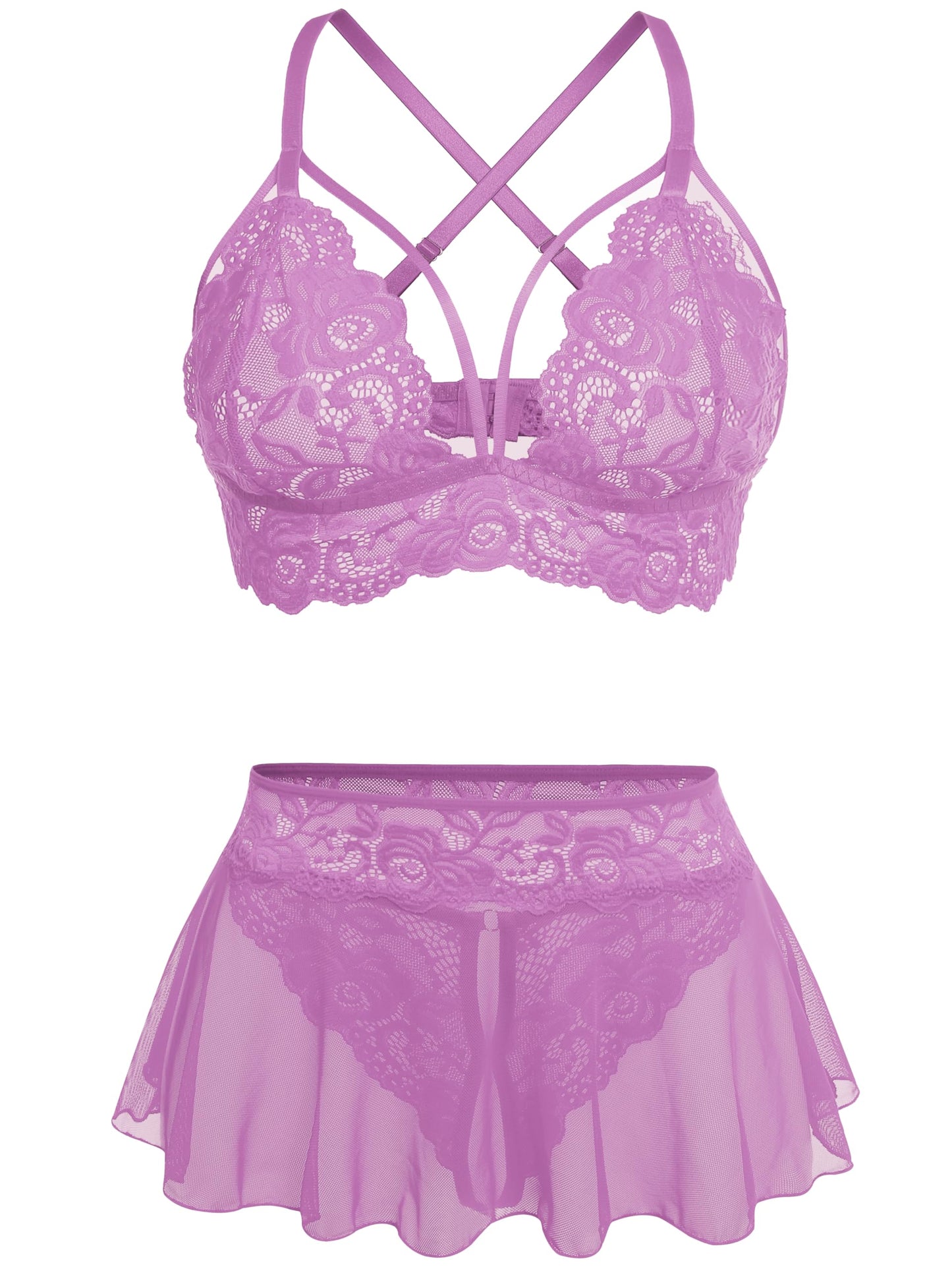 GIEAUAU Lingerie for Women 3 Piece Bralette, Mini Skirt with G-String Lingerie Set Purple M