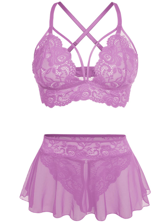 GIEAUAU Lingerie for Women 3 Piece Bralette, Mini Skirt with G-String Lingerie Set Purple M