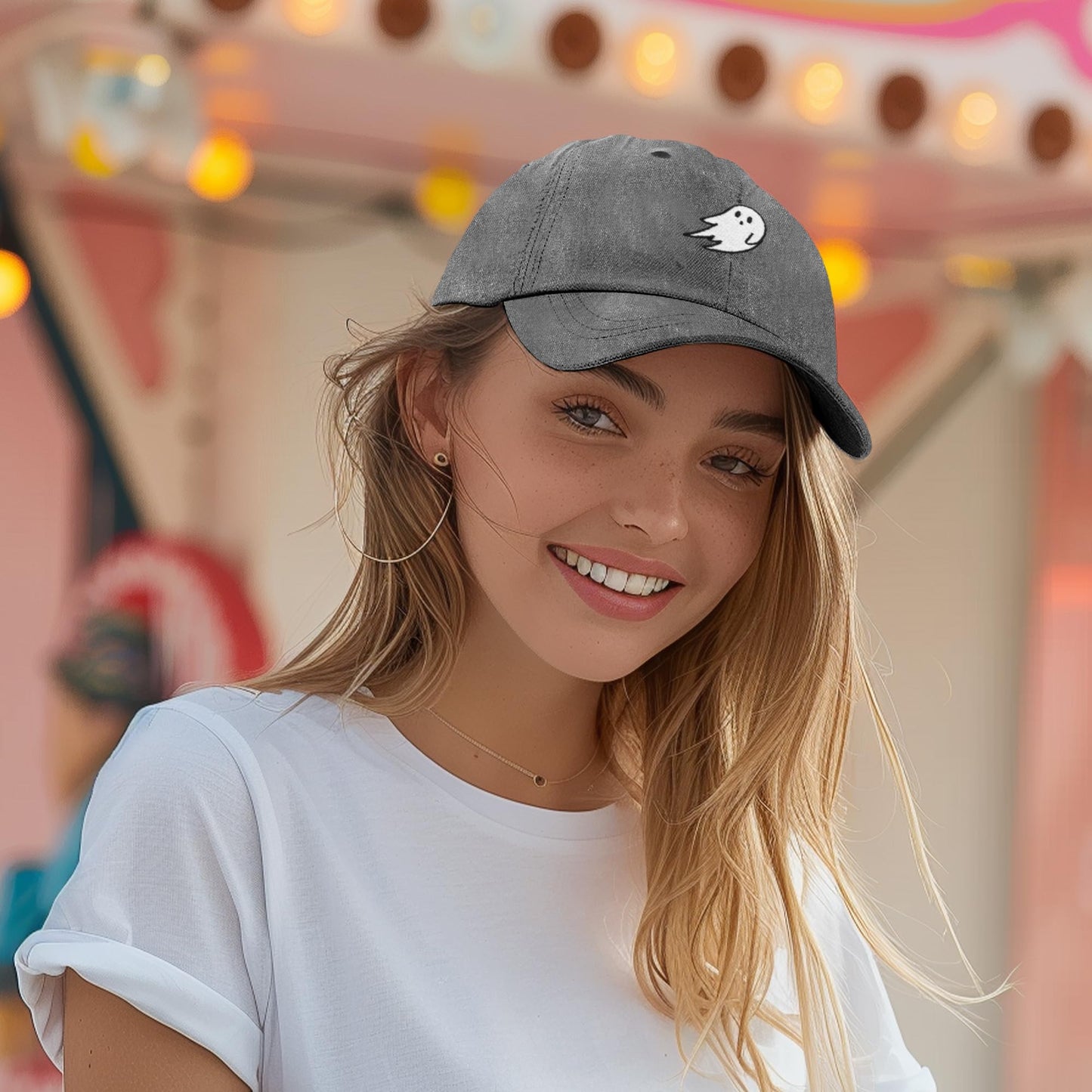 DALIX Ghost Embroidery Dad Hat Baseball Cap Cute Halloween in Black-Vintage