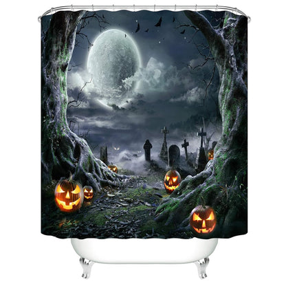 4PCS Halloween Shower Curtain Set with Non-Slip Rug, Toilet Lid Cover and Bath Mat, Moon Night Forest Pumpkin Shower Curtain with 12 Hooks, Waterproof Shower Curtain for Halloween Bathroom Decor