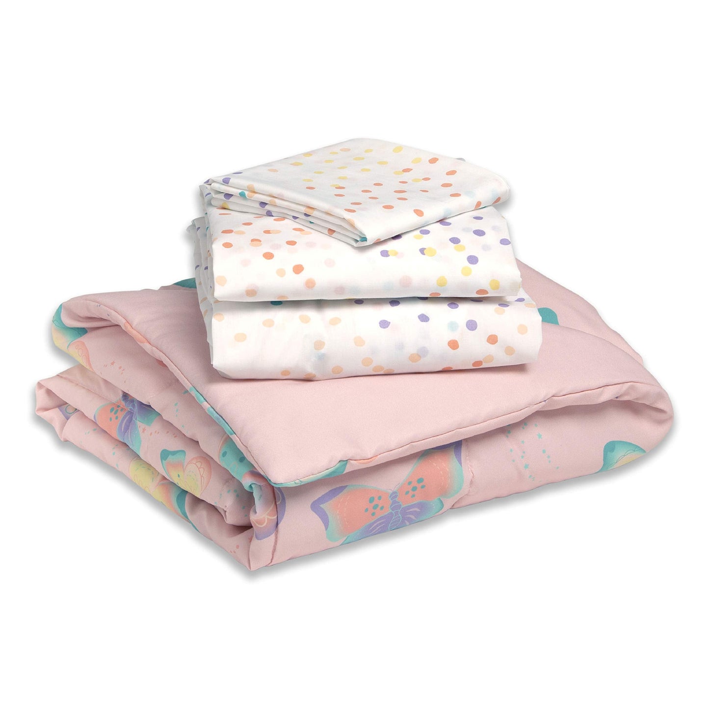 Delta Children 4 Piece Toddler Bedding Set for Girls - Reversible 2-in-1 Comforter - Includes Fitted Comforter to Keep Little Ones Snug, Bottom Sheet, Top Sheet, Pillow Case - Pink Butterfly Flutter