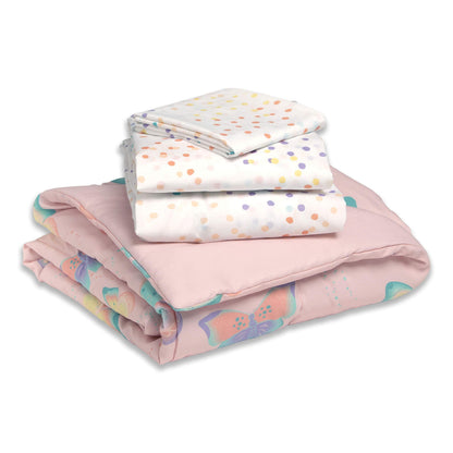Delta Children 4 Piece Toddler Bedding Set for Girls - Reversible 2-in-1 Comforter - Includes Fitted Comforter to Keep Little Ones Snug, Bottom Sheet, Top Sheet, Pillow Case - Pink Butterfly Flutter