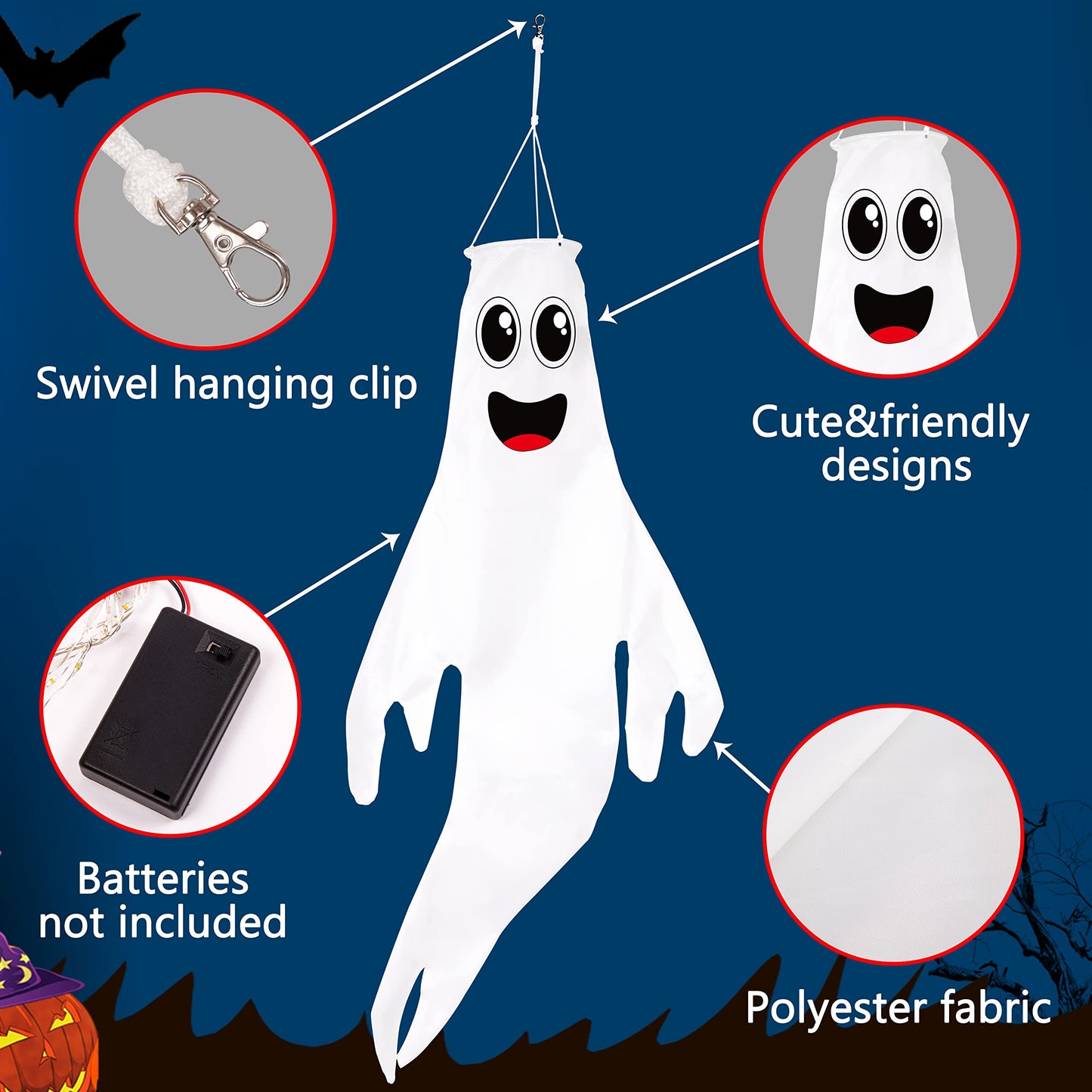 3PCS 43 Inch Halloween Ghost Windsocks Hanging Decorations - Flag Wind Socks for Home Yard Outdoor Decor Party Supplies (Batteries Not Included,No Timer)