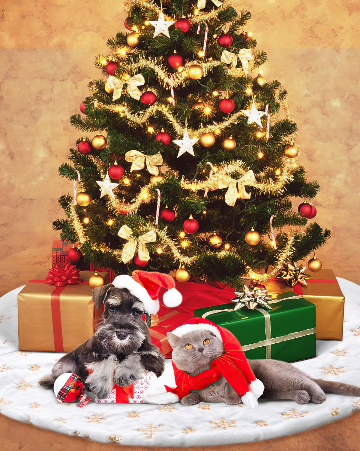 COOLWUFAN 48 Inches Faux Fur Christmas Tree Skirt for Xmas Tree Holiday Party Decoration White Plush Gold Sequin Snowflake (Gold)