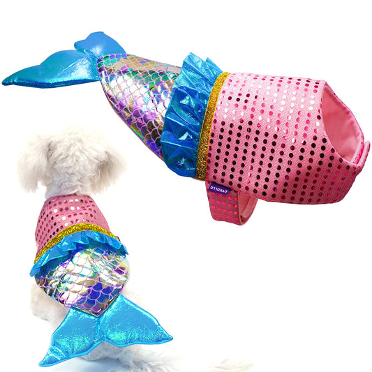 cyeollo Mermaid Dog Costume Halloween Clothes for Doggie Sequin Mermaid Small Dog Party Outfit Funny Pet Costumes for Small Dogs Size S