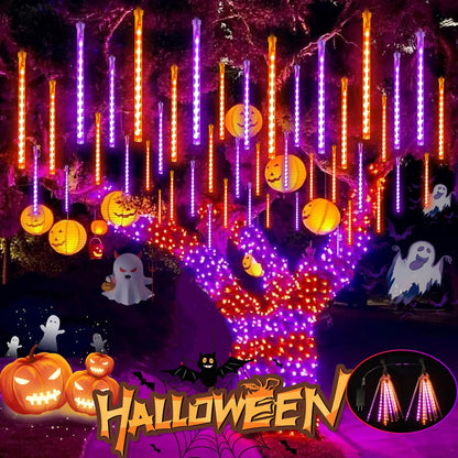 Halloween Lights Outdoor, 2 Pack Extendable Meteor Shower Lights Outdoor Waterproof with Timer, Total 384 LED 30cm 16 Tubes Cascading String Light Plug in for Halloween Yard Party (Orange and Purple)
