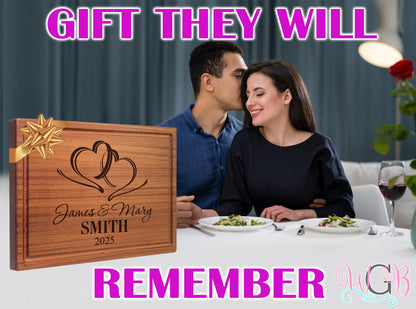 Personalized Cutting Board, Custom Wedding, Anniversary or Housewarming Gift Idea, Wood Engraved Charcuterie, for Newlyweds and Couples, Two Hearts Design 027