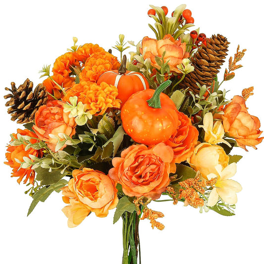 HUAESIN 10PCS Artificial Fall Flowers for Decoration Fall Decor Silk Flowers Bouquet Orange Fake Roses with Pumpkin Silk Autumn Floral Arrangements for Home Table Centerpieces Thanksgiving Decor