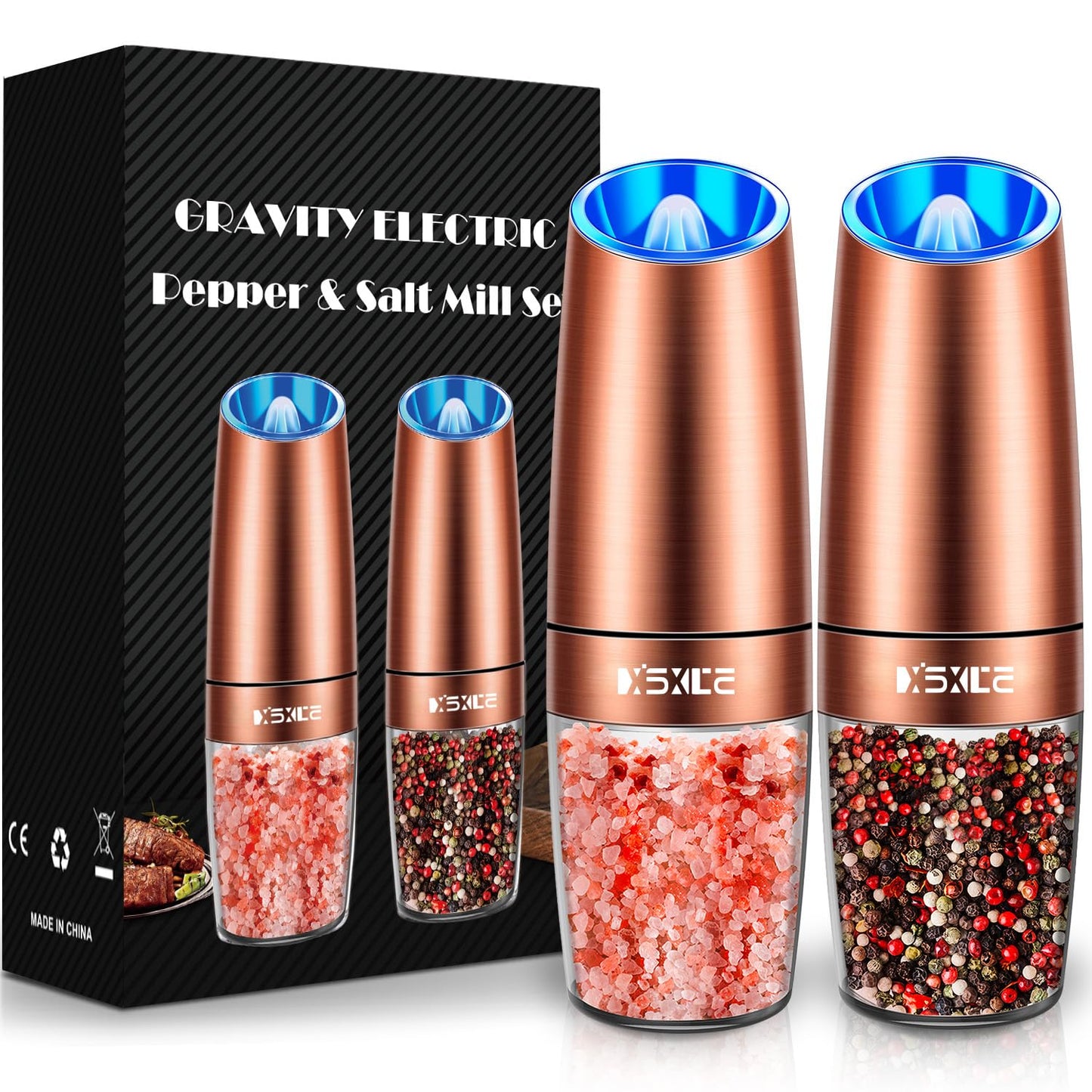 Gravity Electric Pepper and Salt Grinder Set, Adjustable Coarseness, Battery Powered with LED Light, One Hand Automatic Operation, Stainless Steel Copper, 2 Pack
